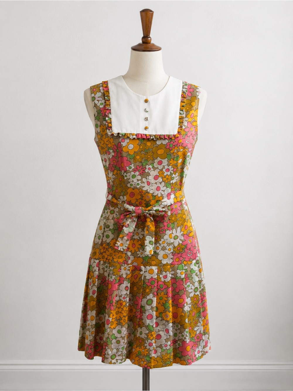 Vintage 1960s Floral Midi Dress with White Square Yoke